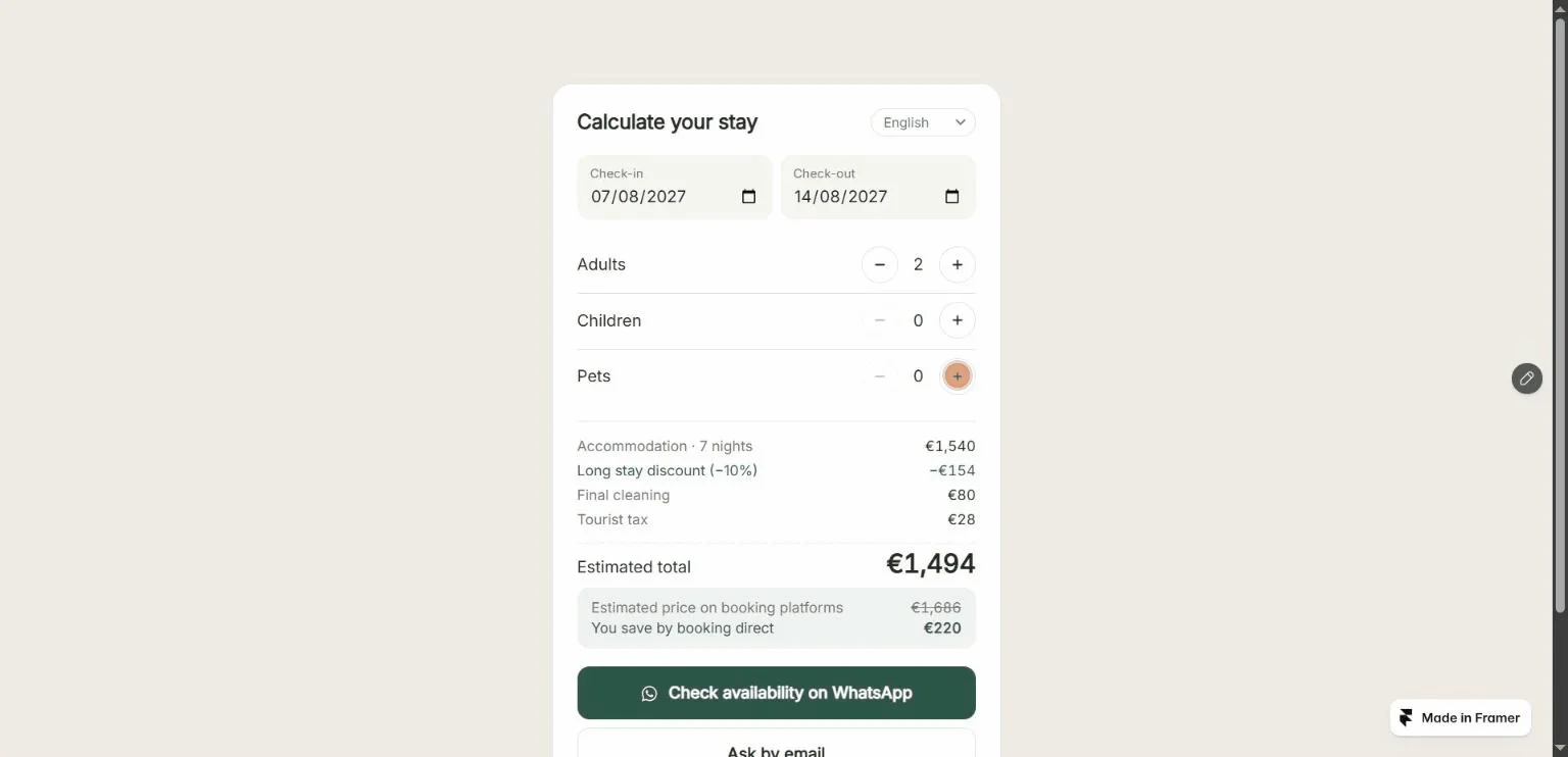 Just shipped my first component: StayCalculator 🏡If you build sites for vacation rentals, you know the #1 message hosts get: "how much for August?"StayCalculator answers it on the page:• Exact stay price: seasons, extra guests, cleaning, pets, tourist tax, long-stay discount• 8 languages, detected automatically (no Localization add-on needed)• One tap sends the host a full request on WhatsApp or email, with a summary in the host's language• Optional "you save by booking direct" box vs. booking platforms• Everything set from property controls, plus an editor-only setup check that flags pricing mistakesWould love feedback from anyone building rental or hospitality sites 🙏https://www.framer.com/marketplace/components/staycalculator/