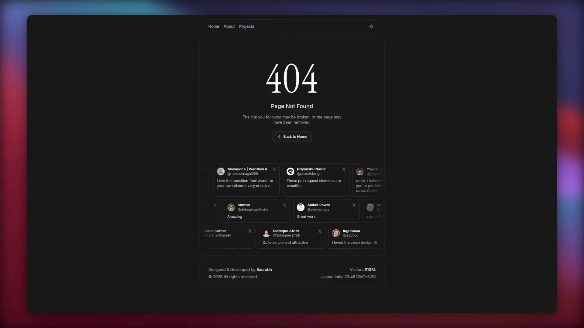 Added a 404 page with testimonials at srbh.site, so no visit goes to waste.