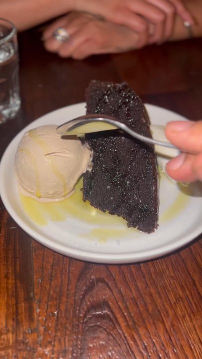 Santa Panza - This chocolate olive oil cake served with honey ice cream and cardamom whipped cream. OUTTA THIS WORLD AMAZING. Must have - Pizza Near Me - Brooklyn, New York