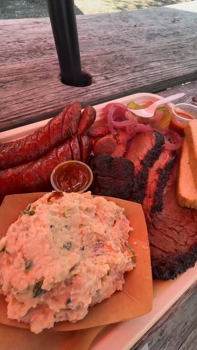 BBQ FIENDS - Beef sausage, brisket, and potato salad! 35$ for all this greatness  more then enough for two people! - Food Trucks Near Me - Hutto, Texas