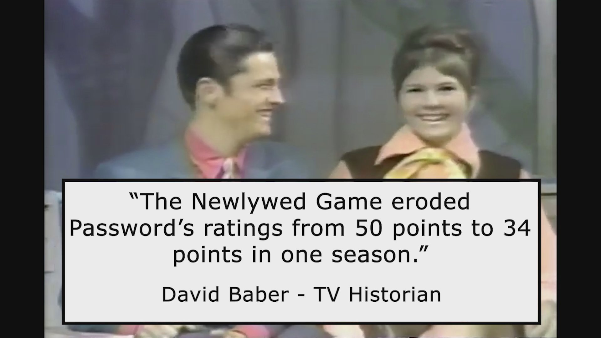 Historical commentary explores the competitive impact of The Newlywed Game on television ratings, featuring archival footage from classic game shows. A TV historian discusses the decline in viewership metrics for competing programs during the broadcast era.