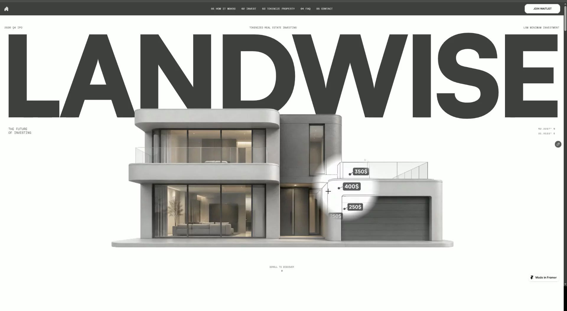 New site ✦Designed and built LANDWISE — a tokenized real estate platform focused on making fractional property investing feel more accessible, transparent, and global.For the hero, I wanted the interaction itself to communicate what the product is about.Hovering over the building reveals property price tags — subtly suggesting that each building represents a tokenized real estate opportunity.The goal was to make the concept understandable through the visual experience, without having to explain everything upfront.→ https://landwise.framer.website/