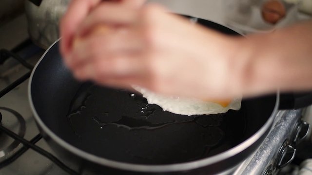 Eggs frying in pan 