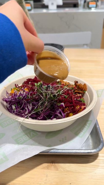 Vibe Organic Kitchen - House Balsamic Vinaigrette on California Cobb (over greens) - Juice Bars & Smoothies Near Me - Newport Beach, California