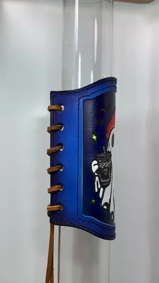 Preview pic of Hand-Painted Leather RipGrip | 12–15” Glass Water Pipe Sleeve | Art for Your Glass-Ghost Dude