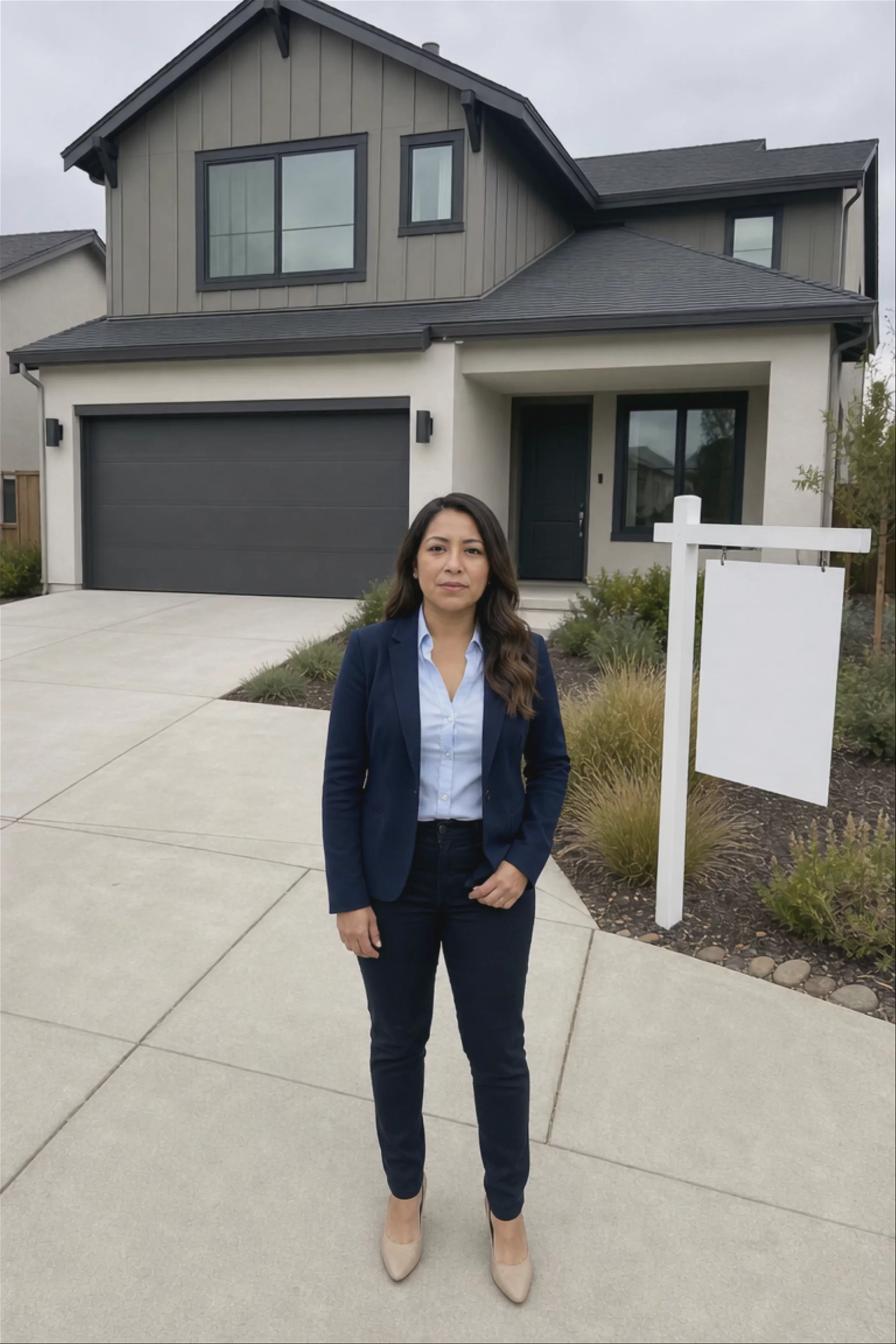 A vertical 768x1152 talking-head video of a real-estate agent standing on a driveway in front of a modern suburban home, presenting a new listing to camera. Generated from a still image and an audio track using Hedra Avatar.