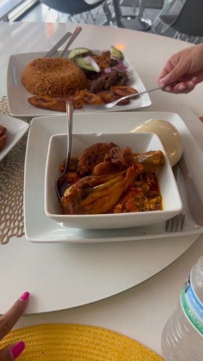 Ultra Kitchen - Our three dishes we ordered. Stew and fish, beef appetizer , jollof rice and fufu - African Near Me - San Antonio, Texas