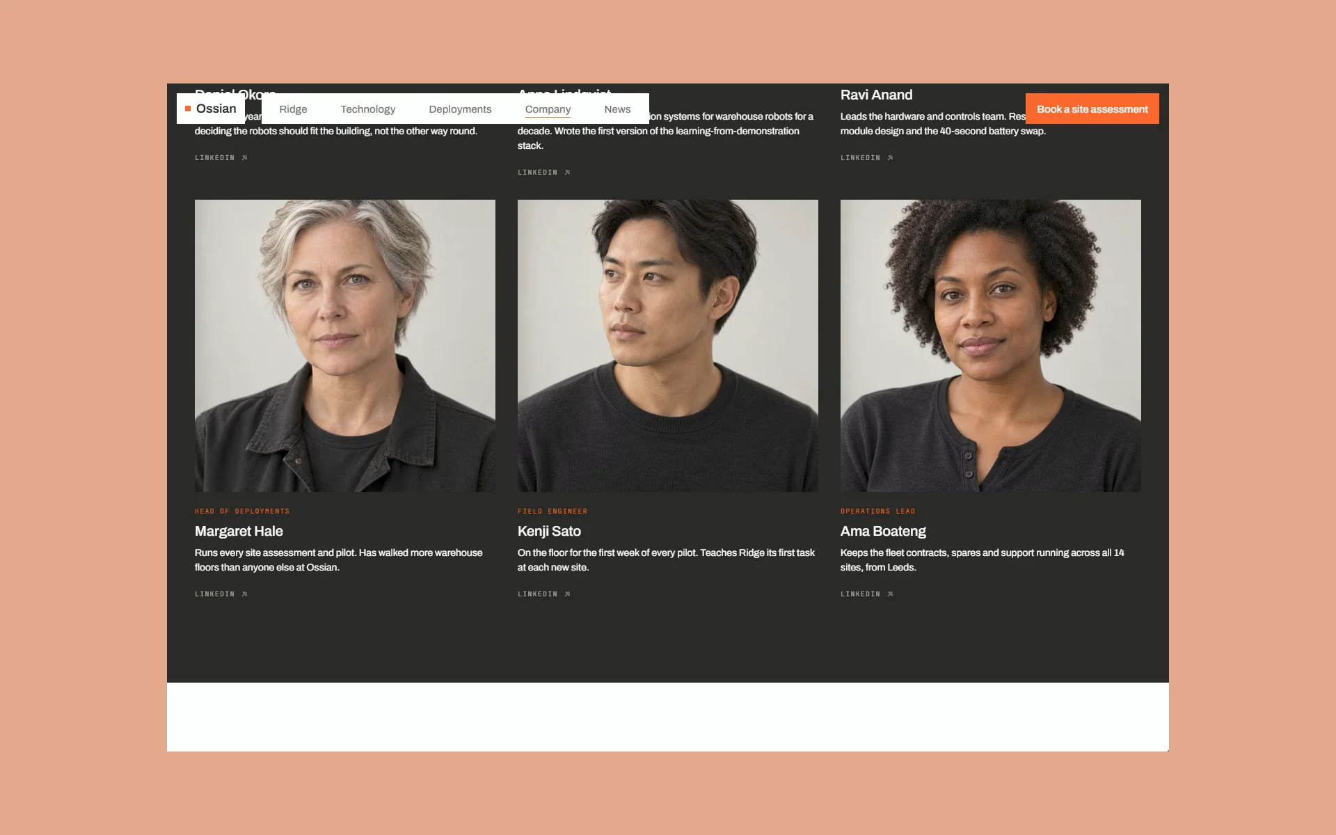 A company page should have some character.Here’s Ossian’s approach: people, photography and a little industrial personality. Part of my free Framer template for robotics and hardware brands.