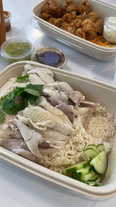 Rooster & Rice - Khao Mun Gai meal with ginger scallion sauce, Thai tea, and larb popcorn chicken with a side of jasmine rice. - Comfort Food Near Me - Beaverton, Oregon