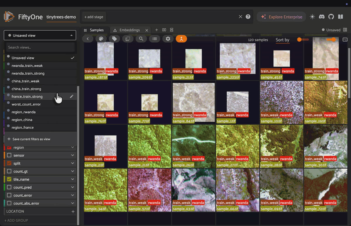 Nine saved views persisted on the TinyTrees dataset in FiftyOne, ready for a live walkthrough.
