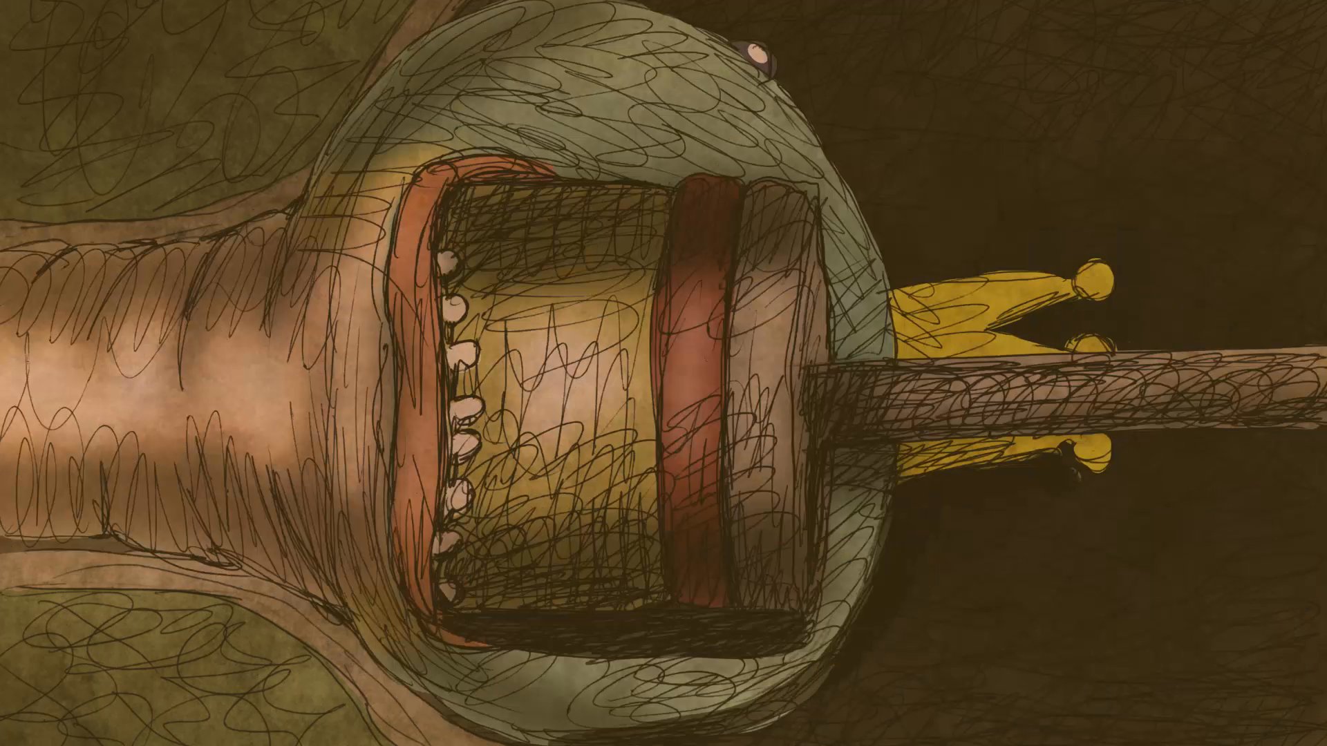 Bizarre, cartoonish creatures engage in a chaotic conflict involving a mechanical tank, fire, and a flock of wide-eyed ducks in an abstract, painterly landscape.