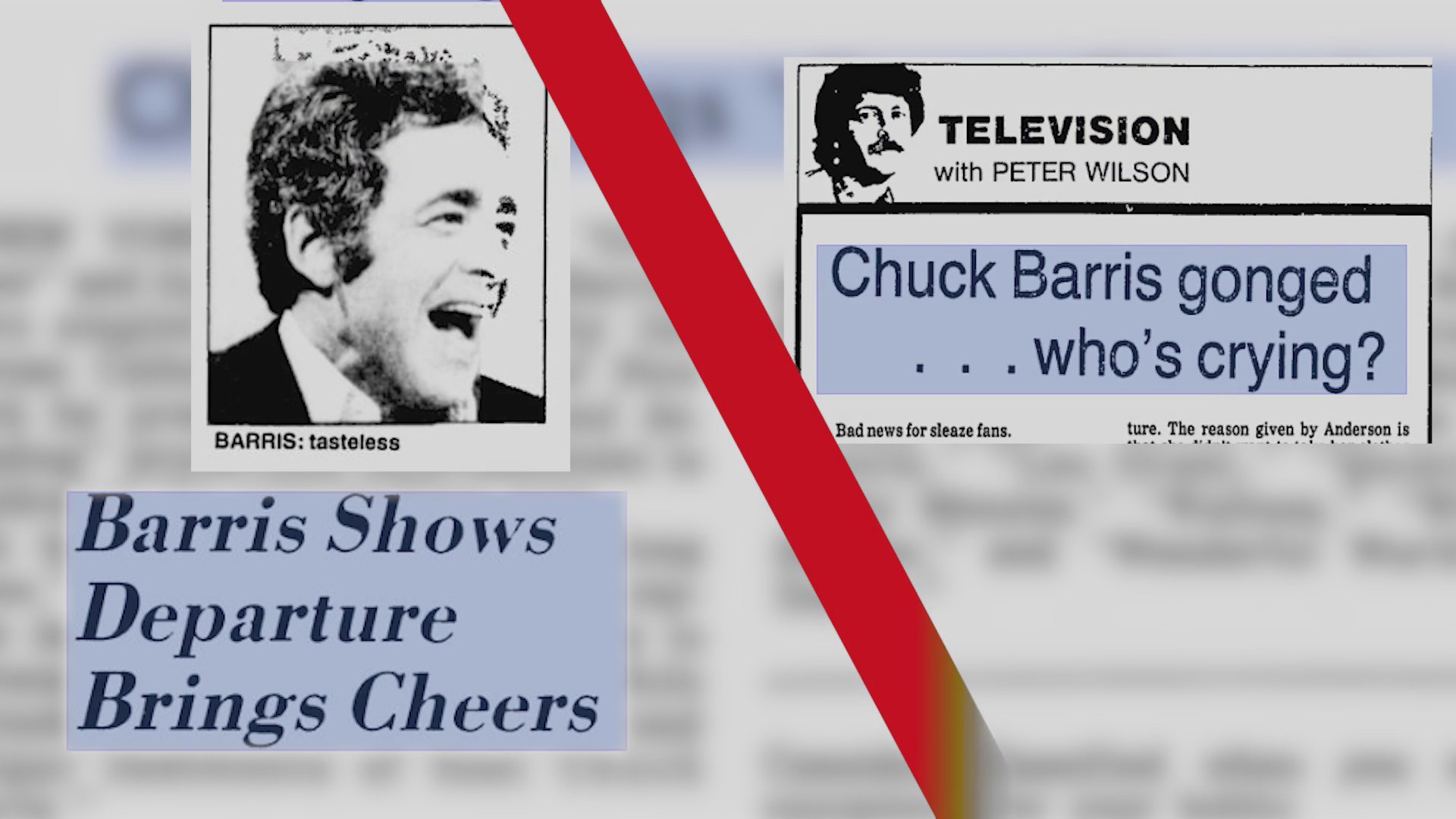 Historical news clippings detail the 1980 cancellation of Chuck Barris's television programs, highlighting public and critical reception of his departure from the airwaves.
