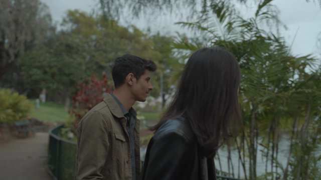 A couple walking through a city park