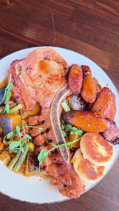 Selva - Prefixe Dinner ($65 pp) Main: Pork Tomahawk w/Chicharron attached, Roasted Beets, Pickled Green Beans, Arepas (for 2 to share) 04-29-2026 - Bars Near Me - Long Beach, California