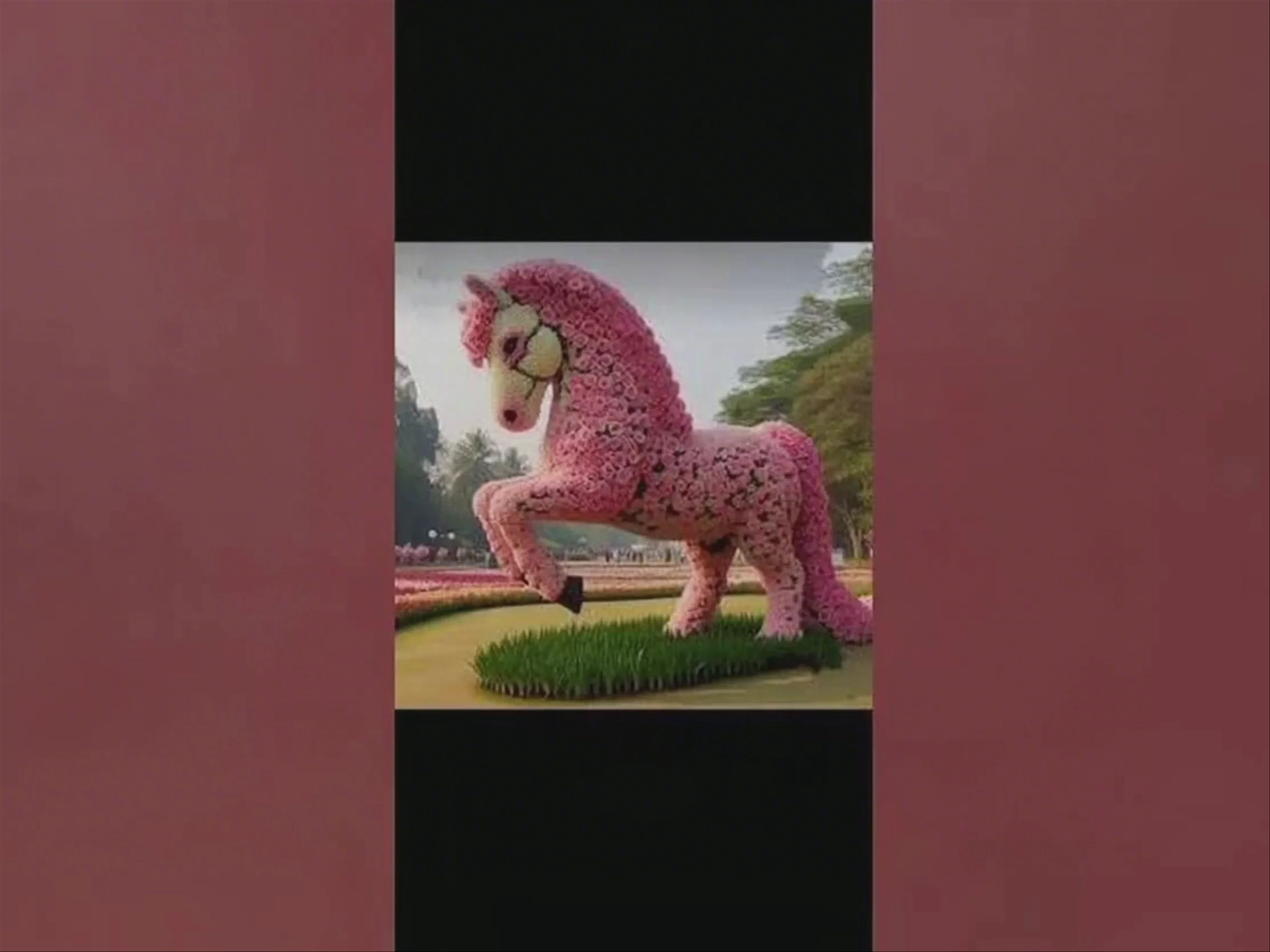 A video still featuring a life-sized topiary horse sculpture crafted from dense pink and white rose blossoms. The sculpture stands on a patch of green grass in a public park with trees and flowerbeds in the background. Generated using Seedance 1.5 Pro at 1112x834 resolution.