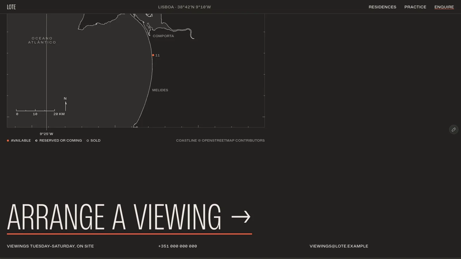The last stretch of Lote’s map page.The fine coastline and tiny plot labels give way to a big “Arrange a viewing” link, with a thin orange underline tying it back to the map markers. A quieter detail from my Framer property template.https://excellent-favorites-639729.framer.app/