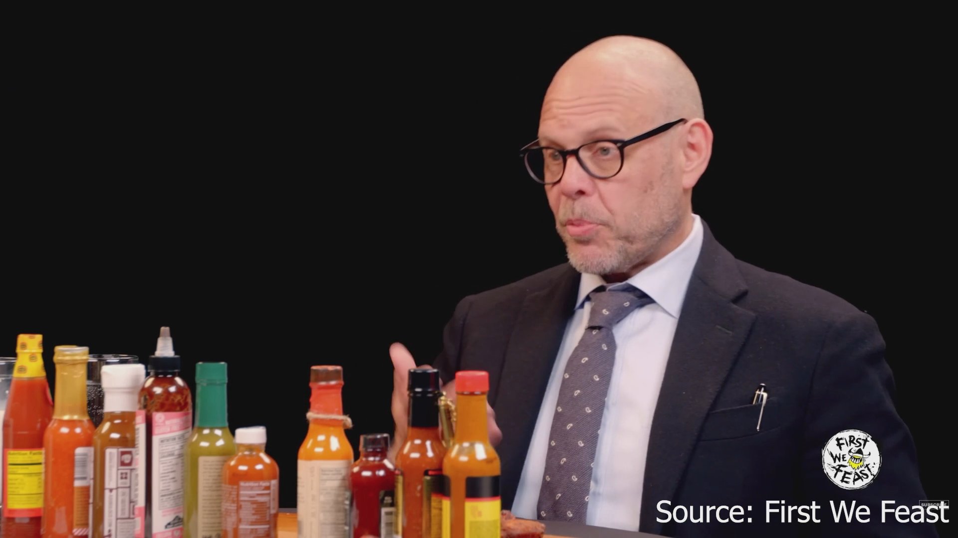 Sean Evans conducts an interview while discussing recent television network rating statistics, including CBS and NBC performance. The segment features a transition from culinary discussion to an analytical breakdown of media industry news.