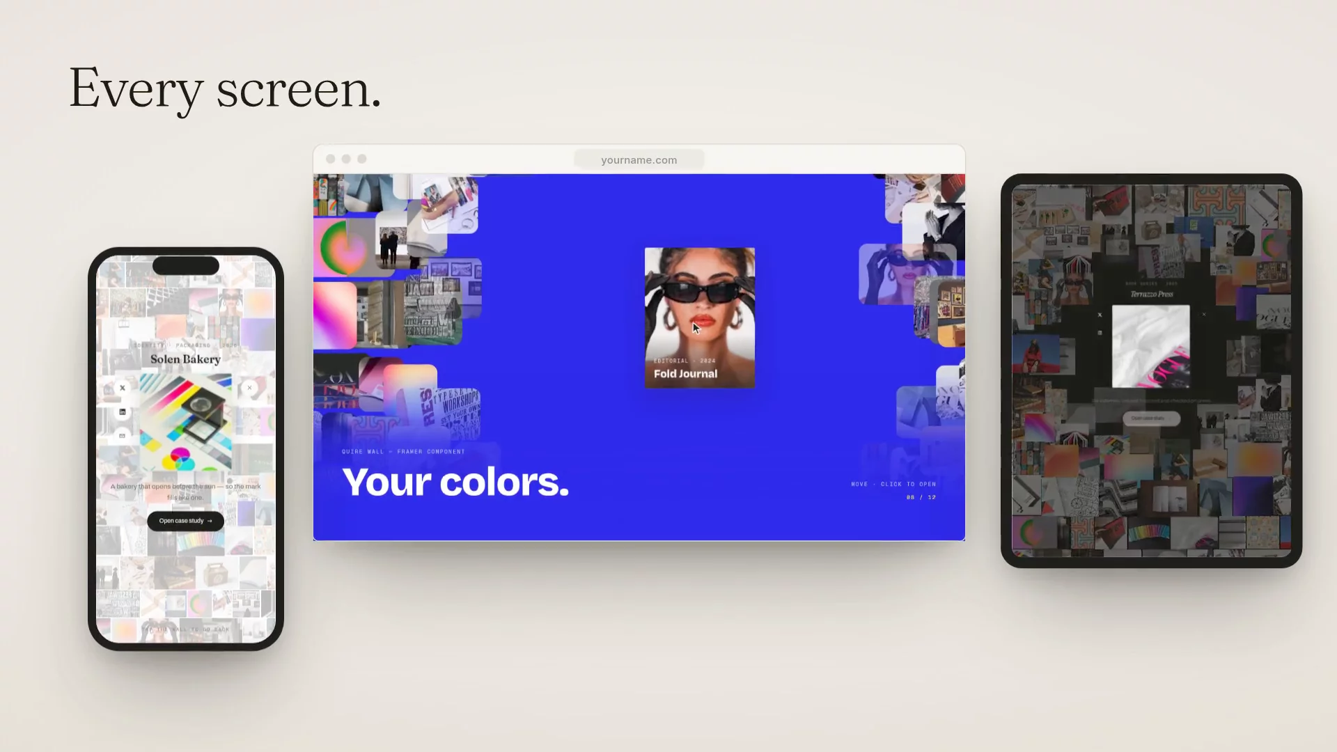 Your portfolio shouldn't open with a paragraph. It should open with your work.Meet Quire Wall, a hero section made of your projects→ Connects to your CMS in one step→ Colours, fonts, density, gap size, drift and more, all in the properties panel→ Works on touch, responsive at every size, respects reduced motionDrop it in, connect your Collection List, publish.Demo: quire-wall.framer.website