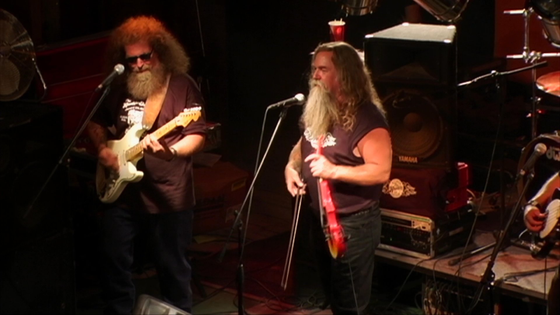 A long-haired, bearded musician performs on a concert stage, playing guitar and singing into a microphone. The artist demonstrates vocal and instrumental skill during a live set.