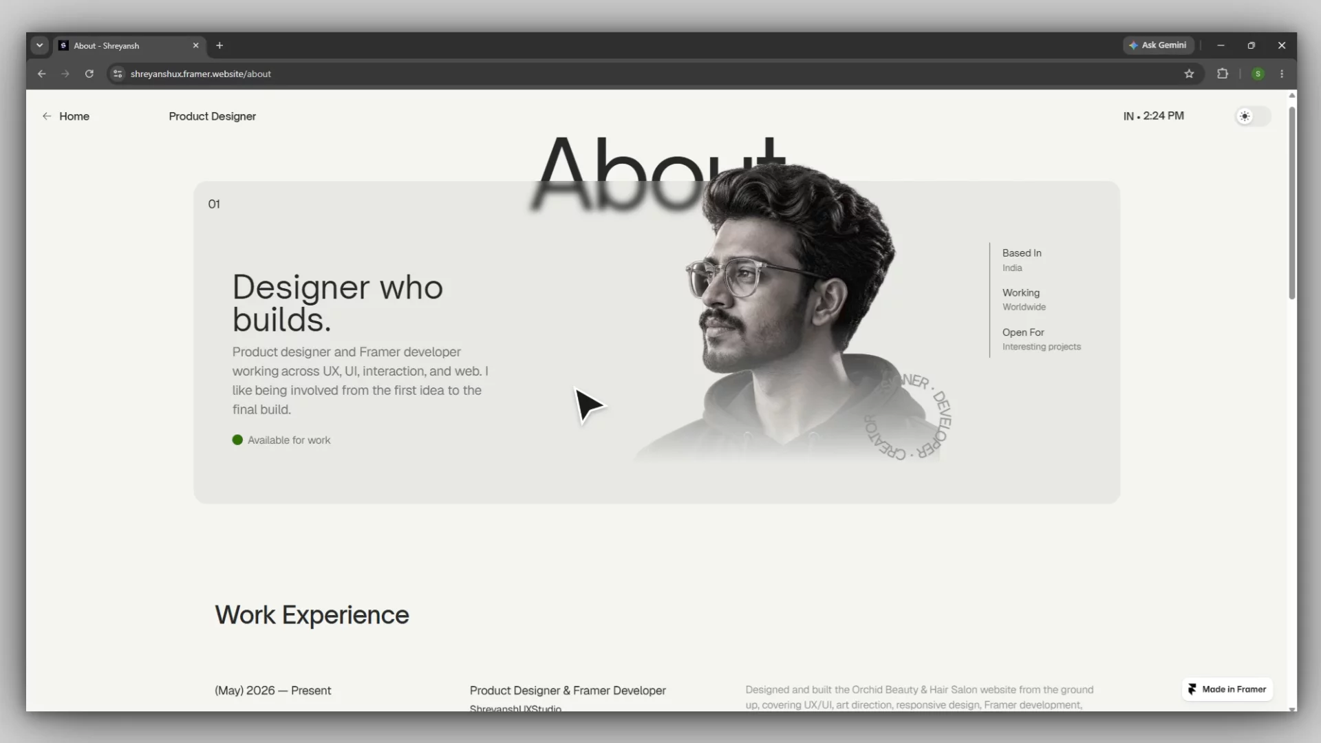 I stress-tested Glimpse by making it my own portfolio.There’s a big difference between building a portfolio template around perfect demo content and asking it to handle an actual designer’s work.So before calling Glimpse finished, I did the latter.I moved my entire portfolio into it.Real projects. Different case study lengths. Journal entries. Services. Experience. Different amounts of content across different pages.And inevitably, I found edge cases.Things that looked perfectly fine in the original template became much more obvious once real content started pushing against the system.So I fixed them and kept using it.Then I tested something else I cared about:SEO.My Glimpse-powered portfolio currently ranks #2 on Google for “Shreyansh Shrivastava UX,” right below LinkedIn.That matters because Glimpse was never supposed to impose its identity on the designer using it.The system can be Glimpse.The portfolio should still be yours.Your work. Your content. Your identity. Your search presence.Glimpse has now gone from a template I built to the portfolio I actually use.And I think that's a much better test than any demo I could have made.