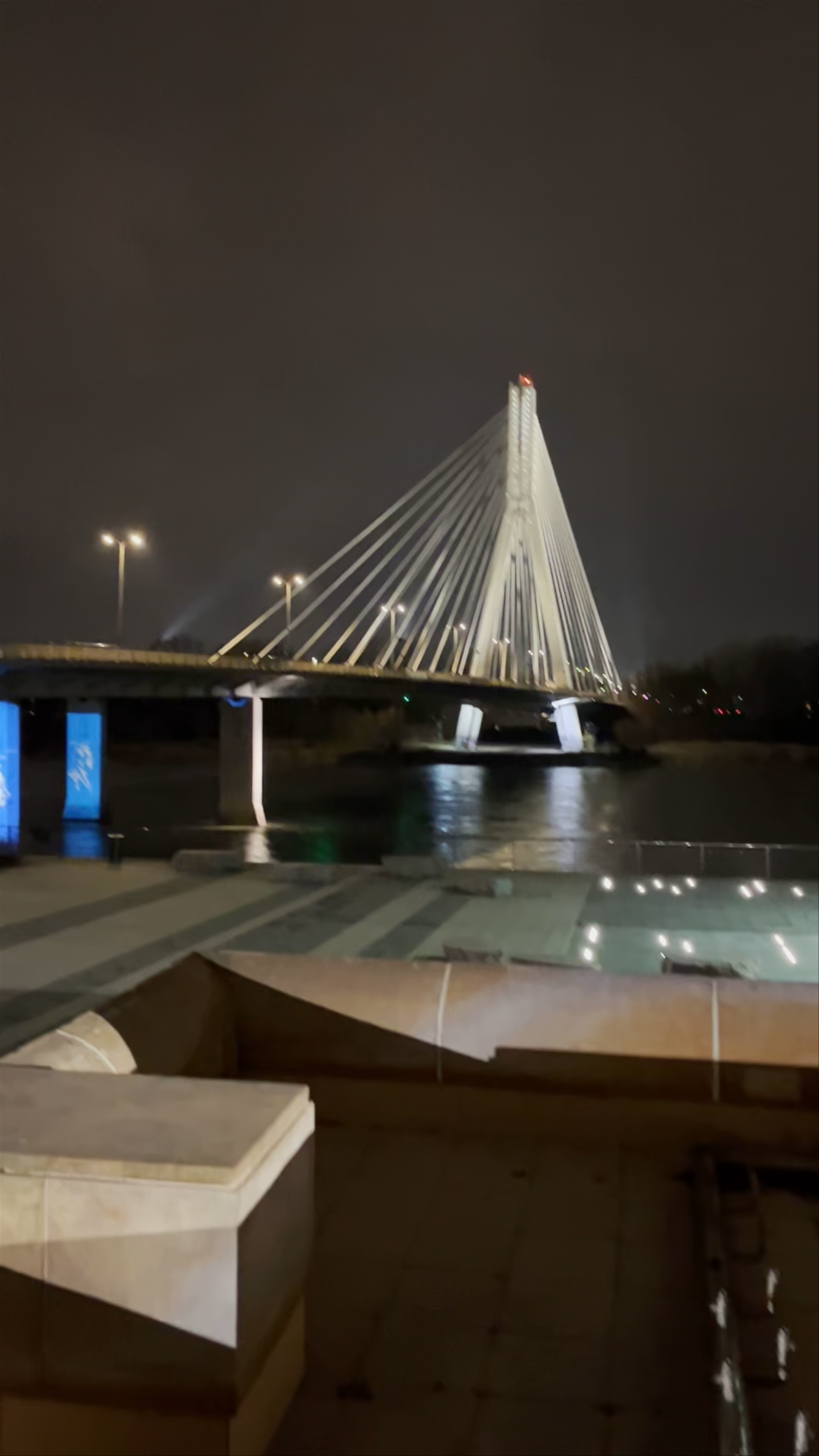 Sirenita de Varsovia at Night: The Majestic Mermaid and Świętokrzyski Bridge Illuminated