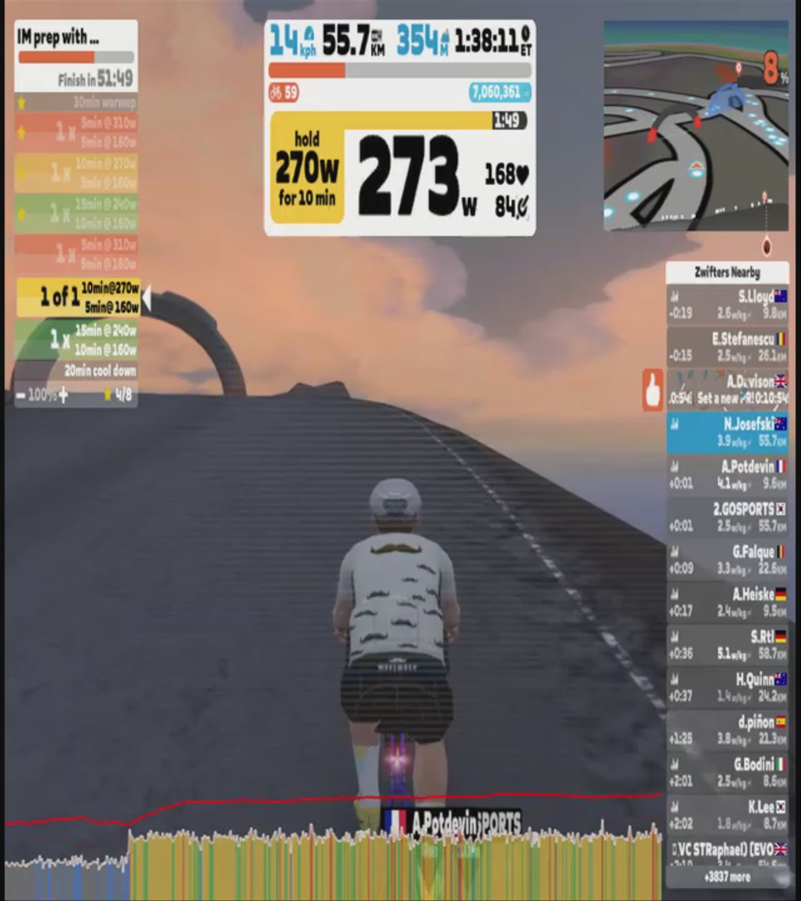 Zwift - IM prep with intervals above race power in Watopia