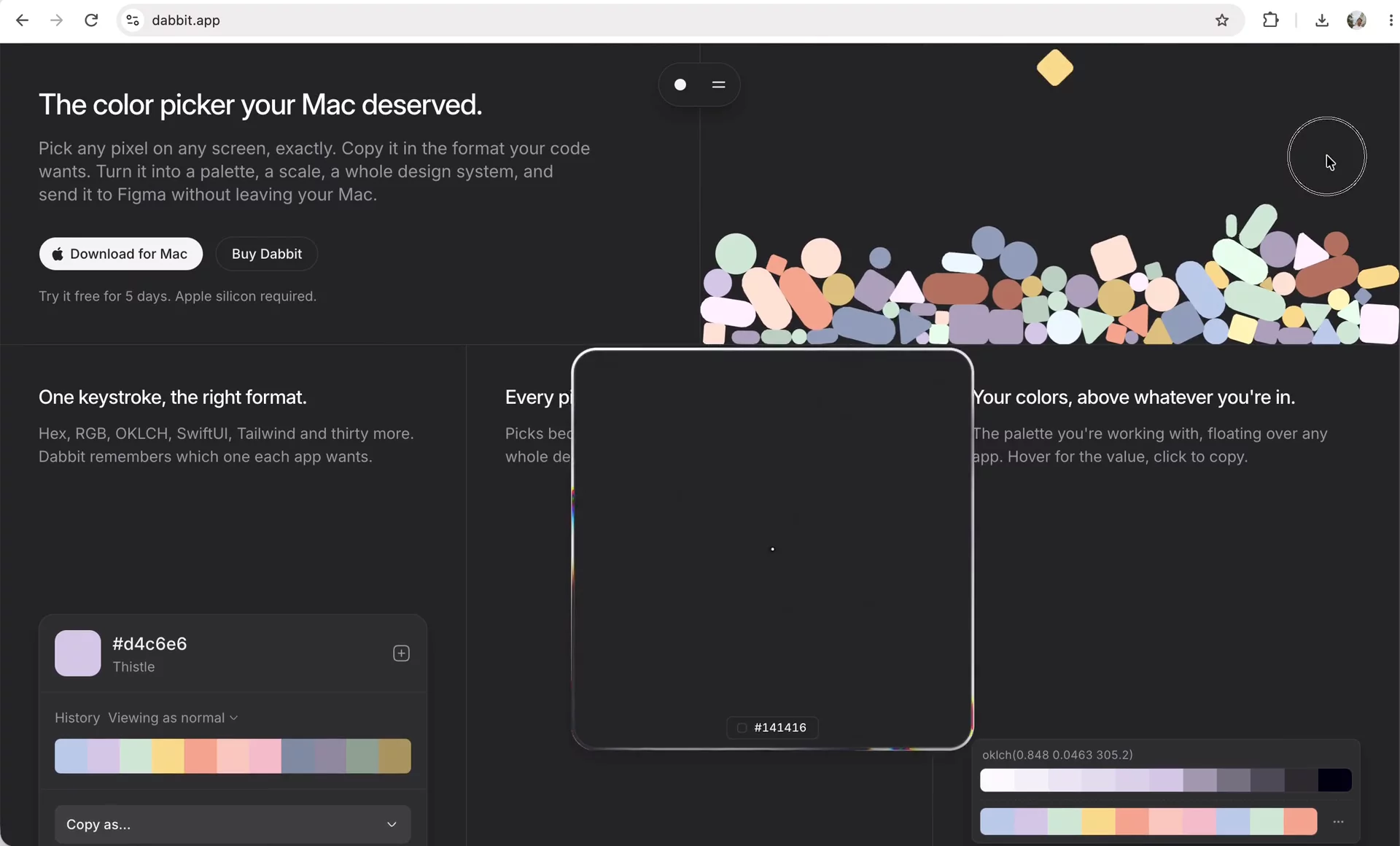 Made a color picker for  Mac that talks to Figma.Then made it a home with a storytelling animation.>  dabbit.app