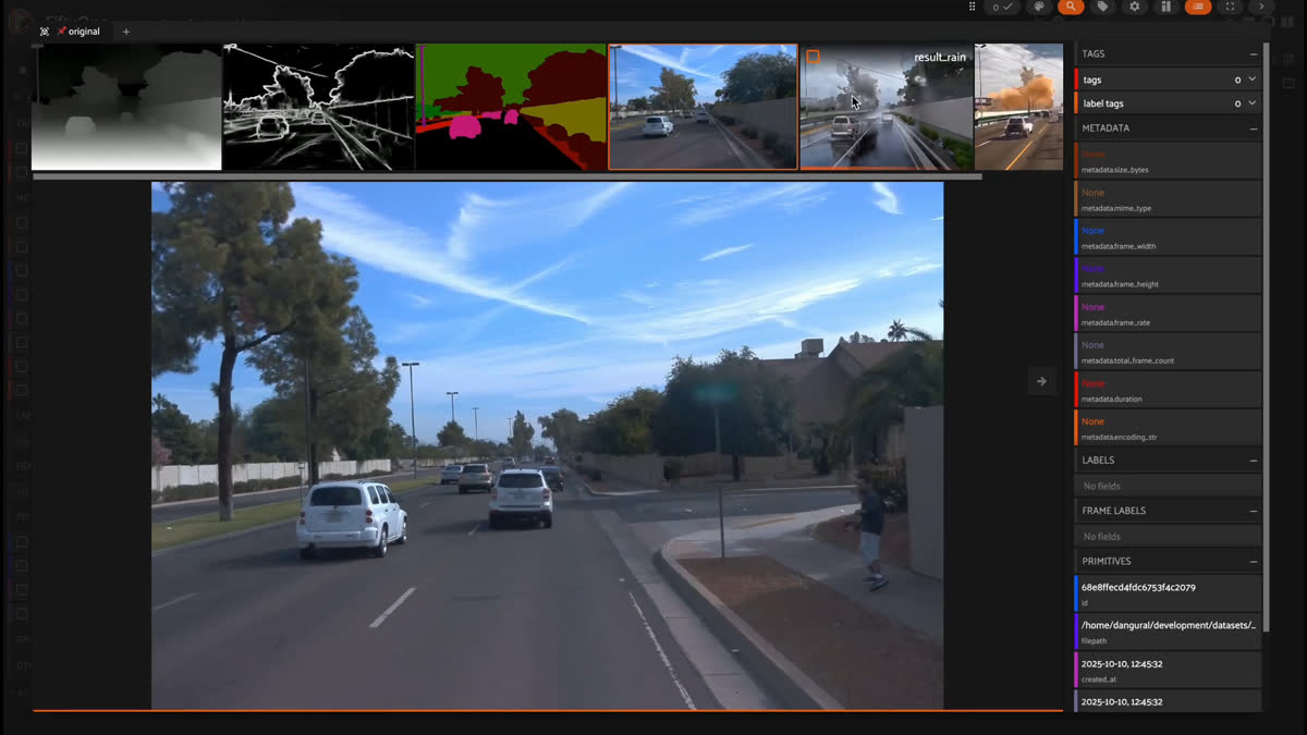 Easily generate scene variations. Here we generated violent rainstorms or foggy dawns with a single prompt using NVIDIA Cosmos Transfer. 