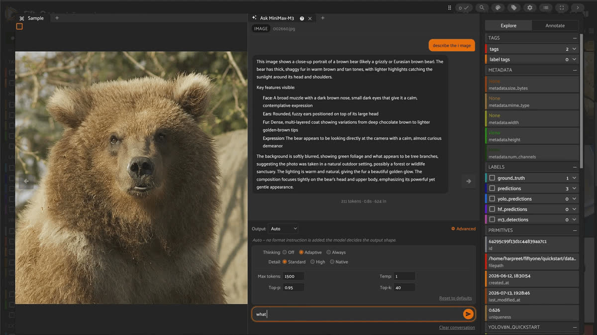Running the MiniMax-M3 operator and Ask MiniMax-M3 chat panel inside the FiftyOne App sample modal.