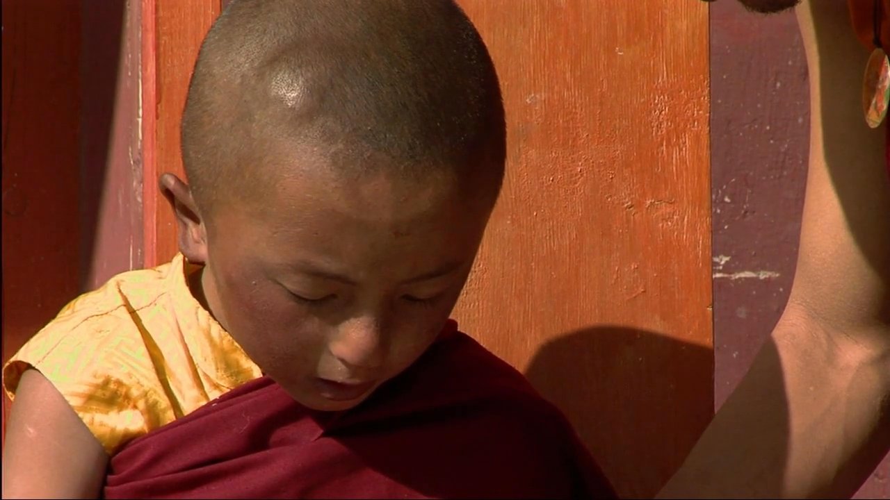 Young Buddhist monks study traditional texts under the guidance of elders within a monastery courtyard. A Western observer reflects on their educational practices in this setting.