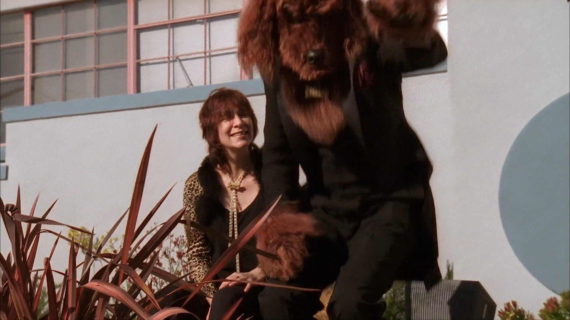 A woman sits outdoors next to a person in a dog mascot suit, who removes the large fuzzy head to reveal a man underneath. The two then sit together on a bench in formal attire.