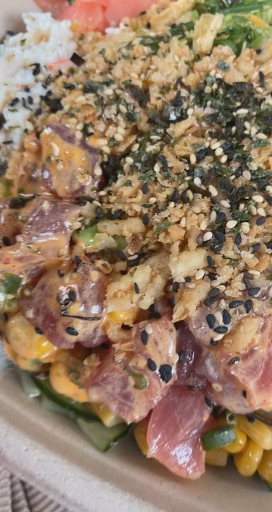 Tropic Poke - Half rice half salad. Fresh Ahi and garlic shrimp tossed with creamy spicy add sesame oil. Add the works minus avocado. - Poke Near Me - Kapolei, Hawaii