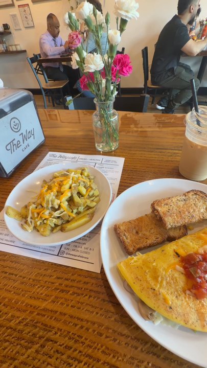 The Way Cafe - Cheese steak omelette with horn fries and cheese  Honey Cinnamon Latte - Coffee & Tea Near Me - Bronx, New York