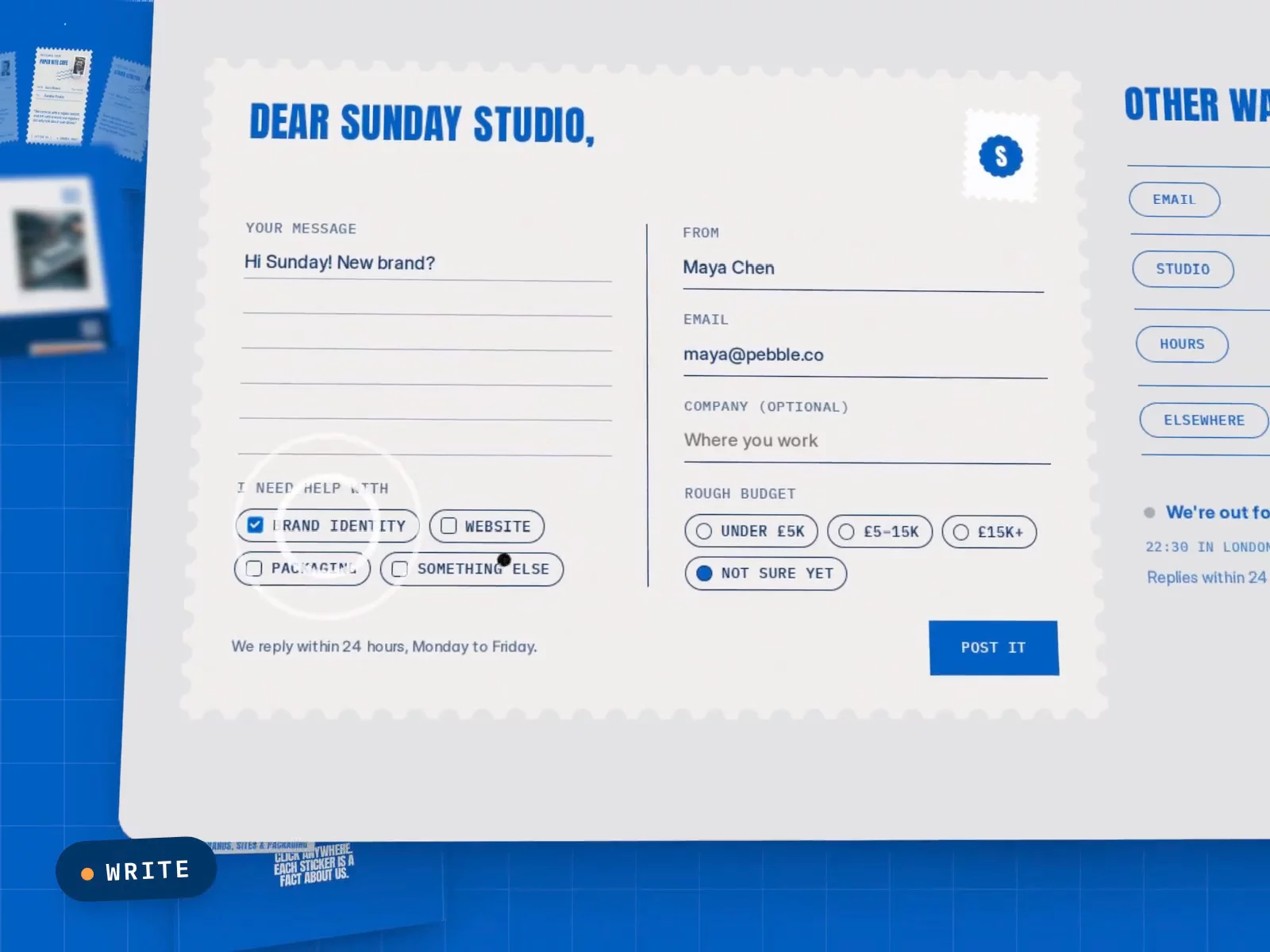 How cool is this contact form? It's designed like a postcard. Write your note on a postcard, hit send, and it gets stamped. Oh man, I love it.  Interaction from my latest @framer  template for creative studios and agencies.Remix Link