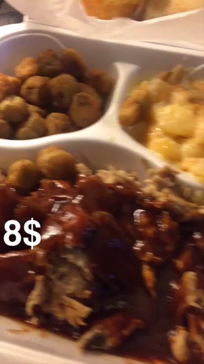 Barbecue Kitchen - Pull pork potato casserole fried okra peach cobbler and a biscuit and cornbread for eight dollars - Barbeque Near Me - College Park, Georgia