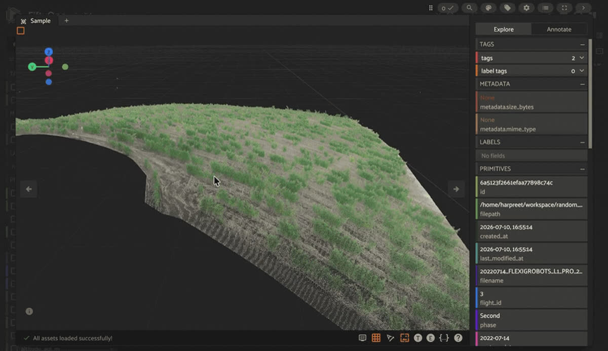 VineLiDAR UAV LiDAR point cloud of vineyard rows in the FiftyOne app