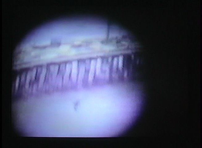 A group of people socialize while relaxing on a sandy beach near a wooden pier in this archival footage.