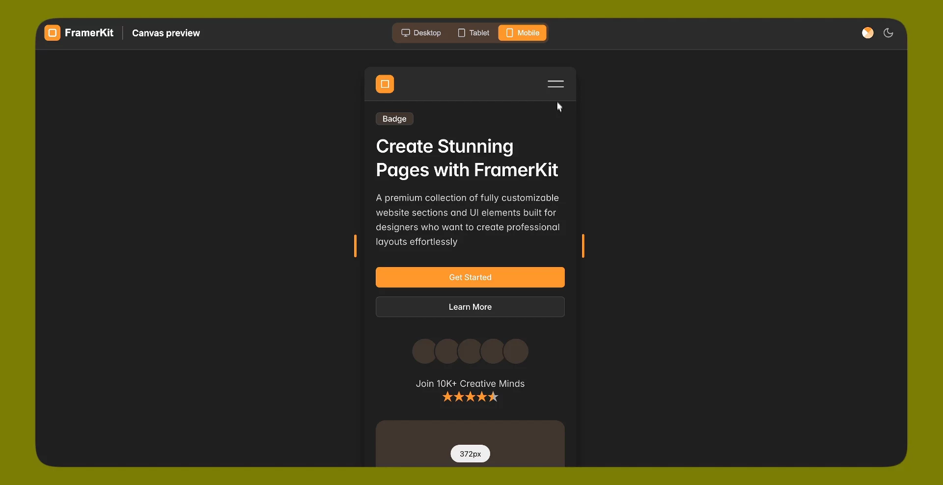 ▶️ Canvas live previewFinished live preview for the demo canvas on the siteYou drop sections on the canvas, pick light or dark and a Design Color, then press PlayResize it, or switch Desktop, Tablet, and Mobile. The layout follows the frameHope you like it 🙂https://framerkit.site