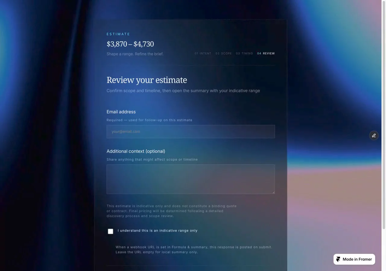 Quote Intake — multi-step estimator that updates the range as they choose.Remix linkWhere would you drop a live quote range — services page or contact?