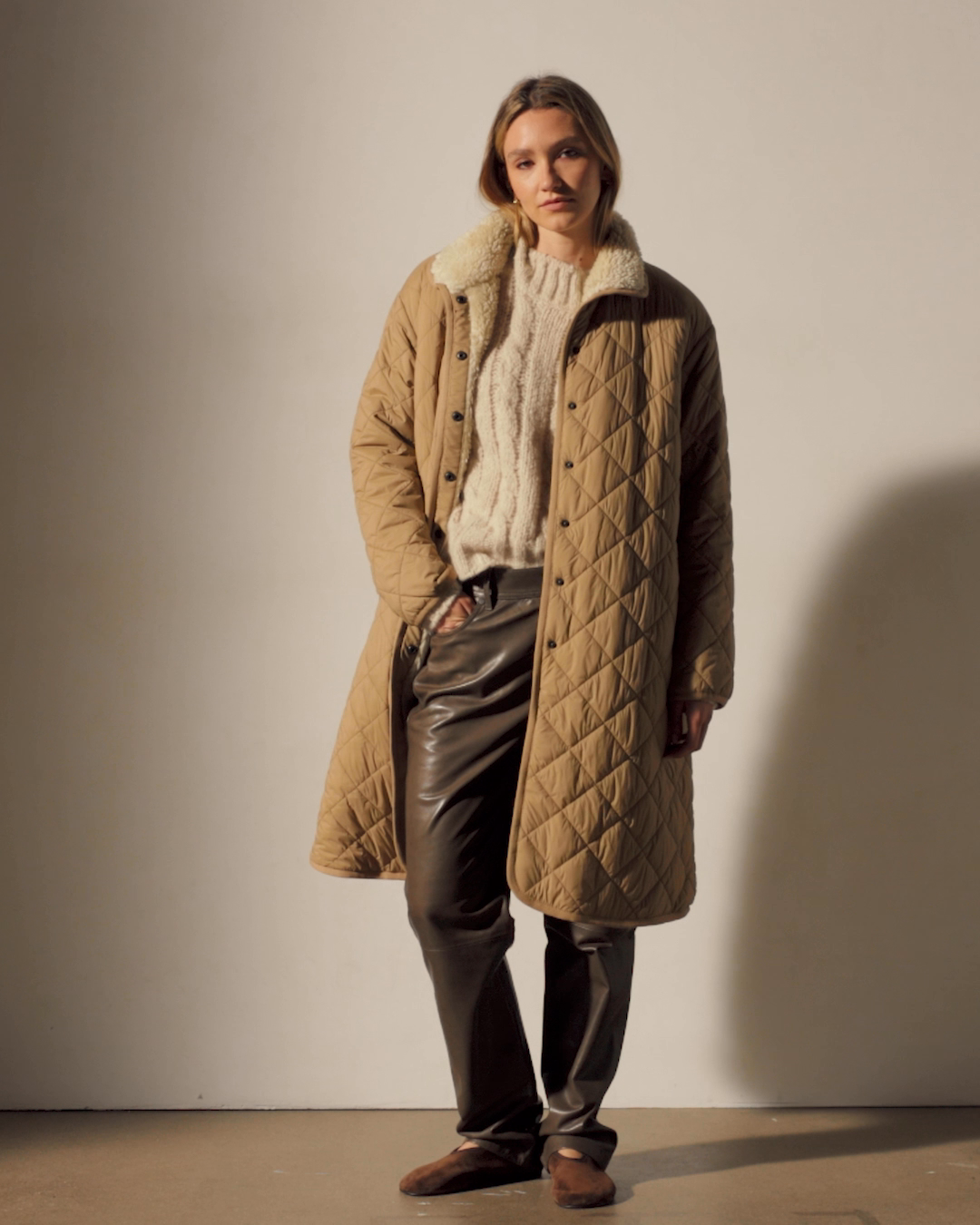 Quilted Nylon Lined Long Coat - Toffee/Ivory | James Perse Los Angeles