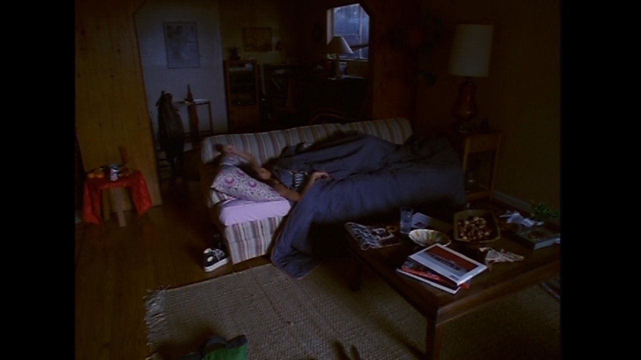 A woman sleeps peacefully on a sofa in a darkened living room while a man outside attempts to gain entry to the residence via a keypad.