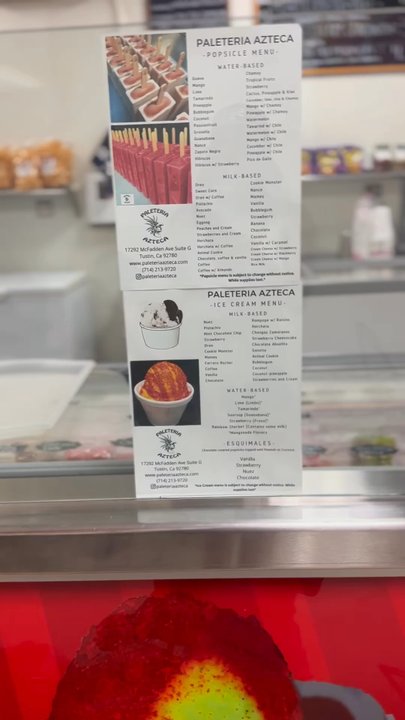 Paleteria Azteca - Video of the various flavors and wide selection. Nice, clean bright interior - Desserts Near Me - Tustin, California