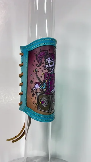 Preview pic of Jill-in-the-Box RipGrip with Neon Accents– Hand-Painted Leather Sleeve for Glass Piece