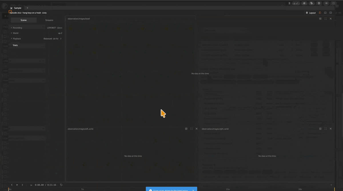 The inspector shows every metric, the joint traces, and the speed profile, and writes flagged spans as temporal tags on the episode timeline.