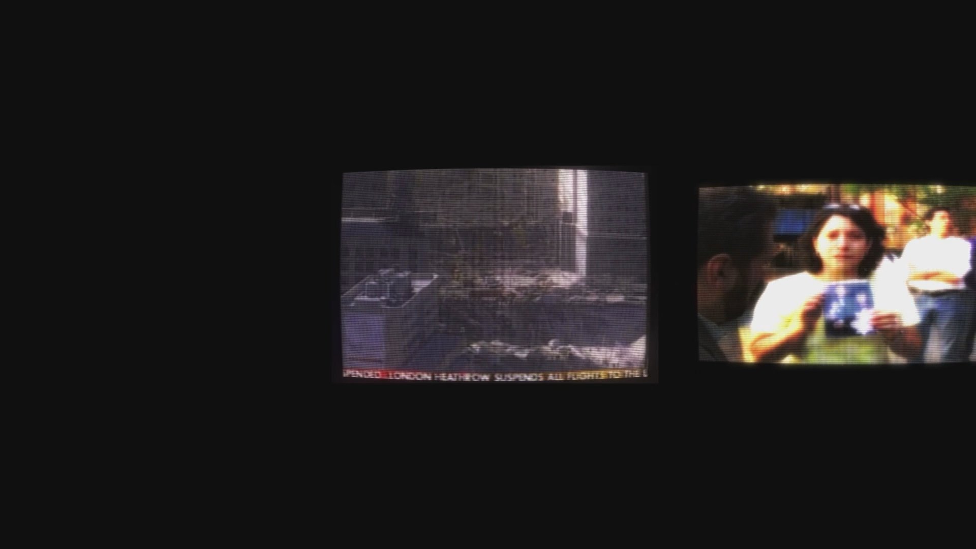 A news broadcast transitions from an aerial view of the New York City skyline to a reporter presenting information on casualty figures and affected airline flights during the September 11th attacks.