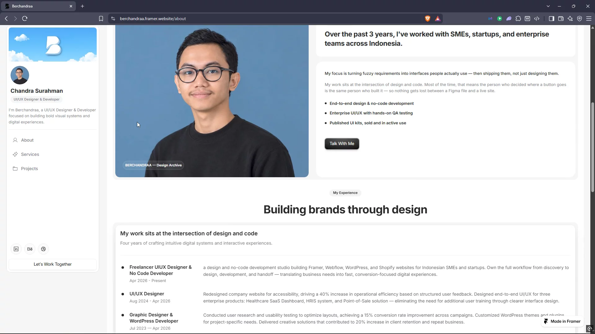 Here's a quick update on my new portfolio website—I've just finished the “About” page, and you can check it out at the following link: berchandraa.framer.website