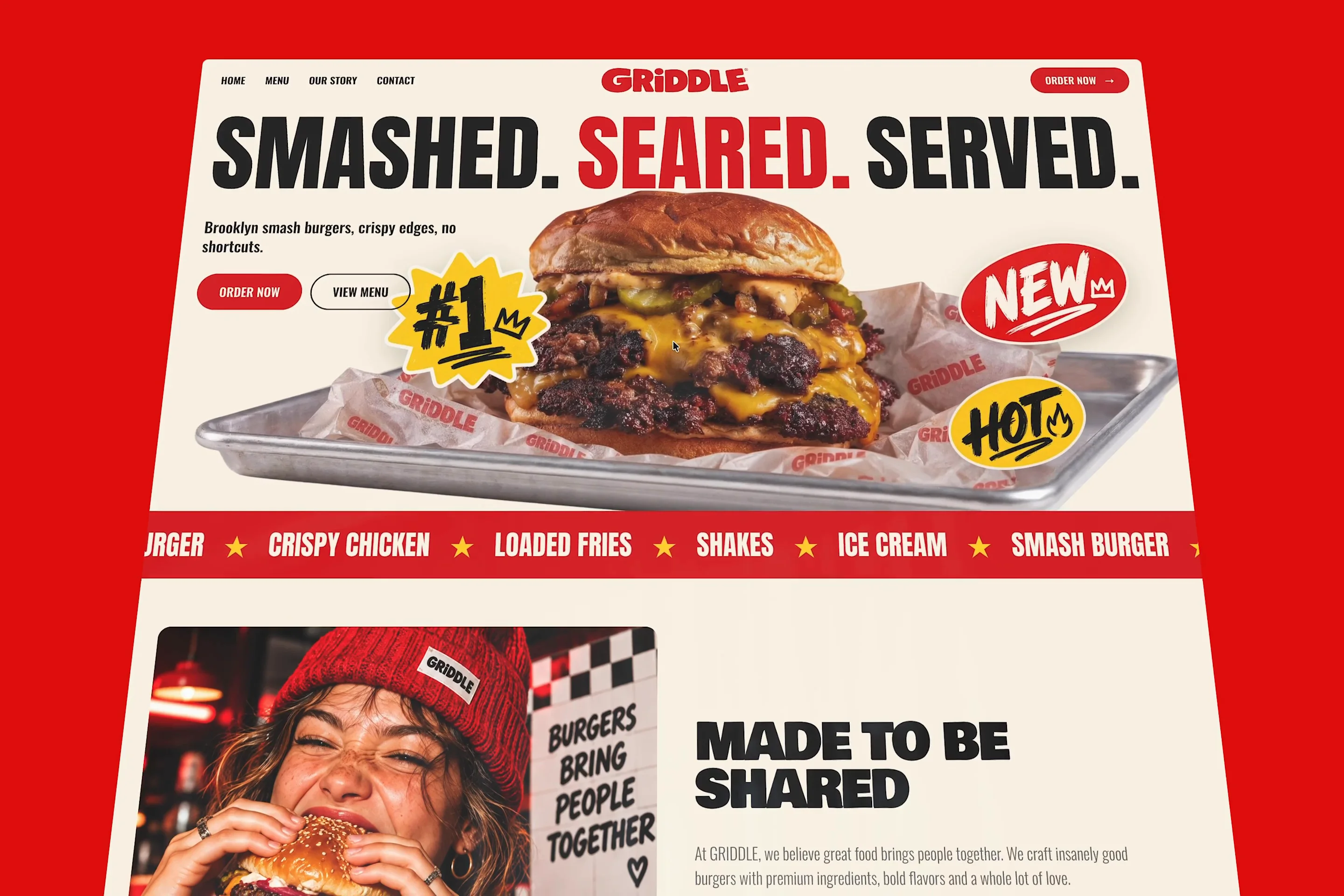 WIP — GRIDDLE 🍔Working on a new fast-food template for Framer. Going for bold typography, a loud red/cream palette, oversized food photography and that slightly imperfect street-food feel.The homepage is almost finished — next I’m working on the menu/product pages and polishing mobile.Would love to hear what you think so far 👀