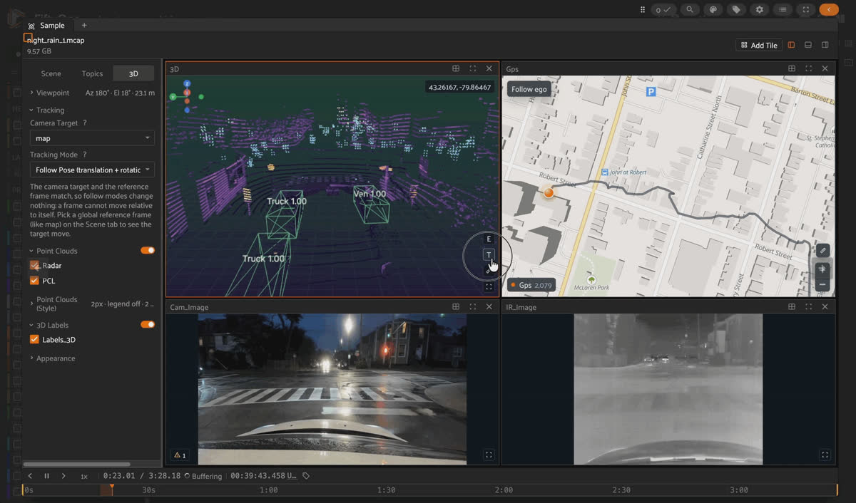 CMHT night-rain MCAP episode in FiftyOne with car and truck boxes on the RGB camera, the same detections on the thermal IR stream, and 3D cuboids in the LiDAR scene.