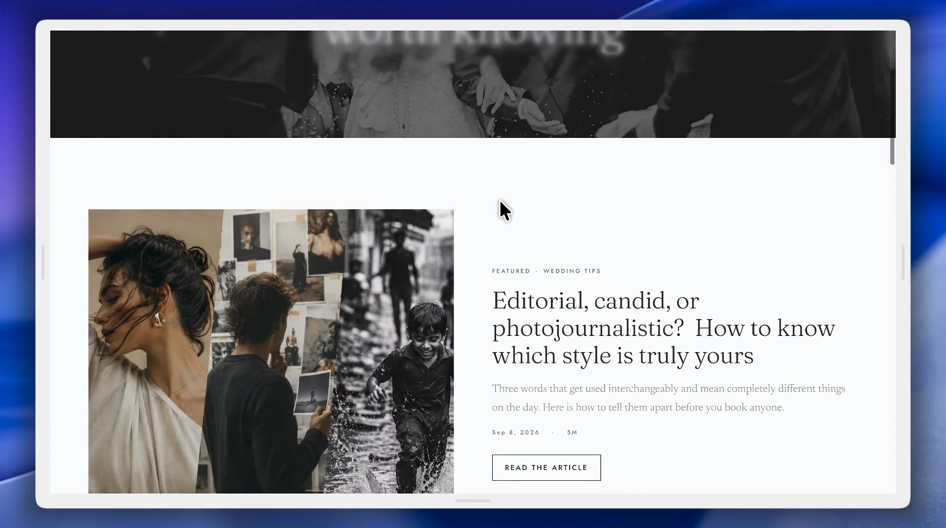 Everlune 🤍 The Journal page tabbed by category (Wedding Tips, Venues, Real Stories, Behind the Scenes).Individual blog post layout: author bio, pull quotes, related posts, share buttons. Editorial typography that makes even a "camera bag" post feel premium.Check it out: https://framer.link/thi0CPi#Framer #FramerTemplate #weddingphotography @framer