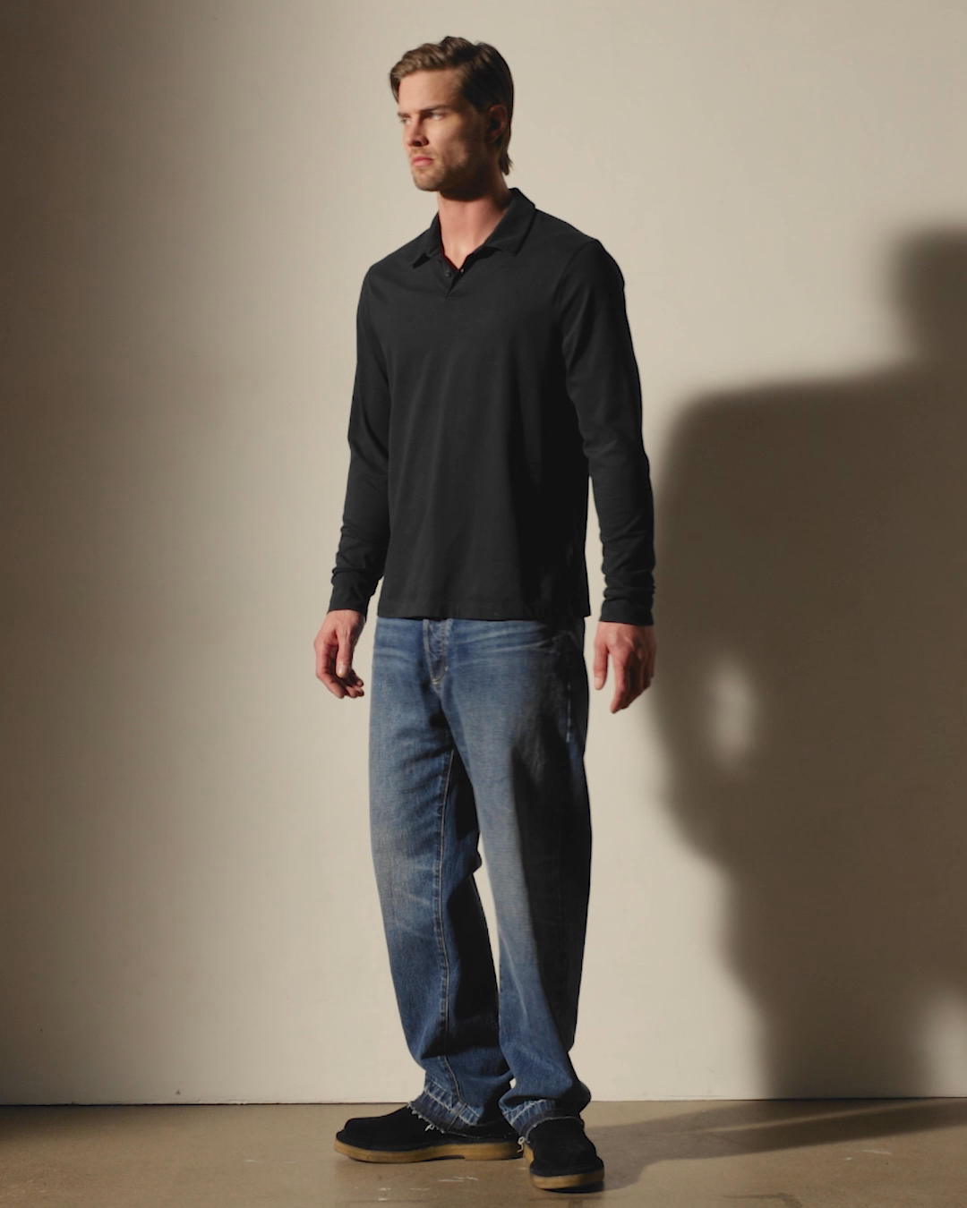Heavy Luxe Jersey Long Sleeve Polo - Black | James Perse Los Angeles
